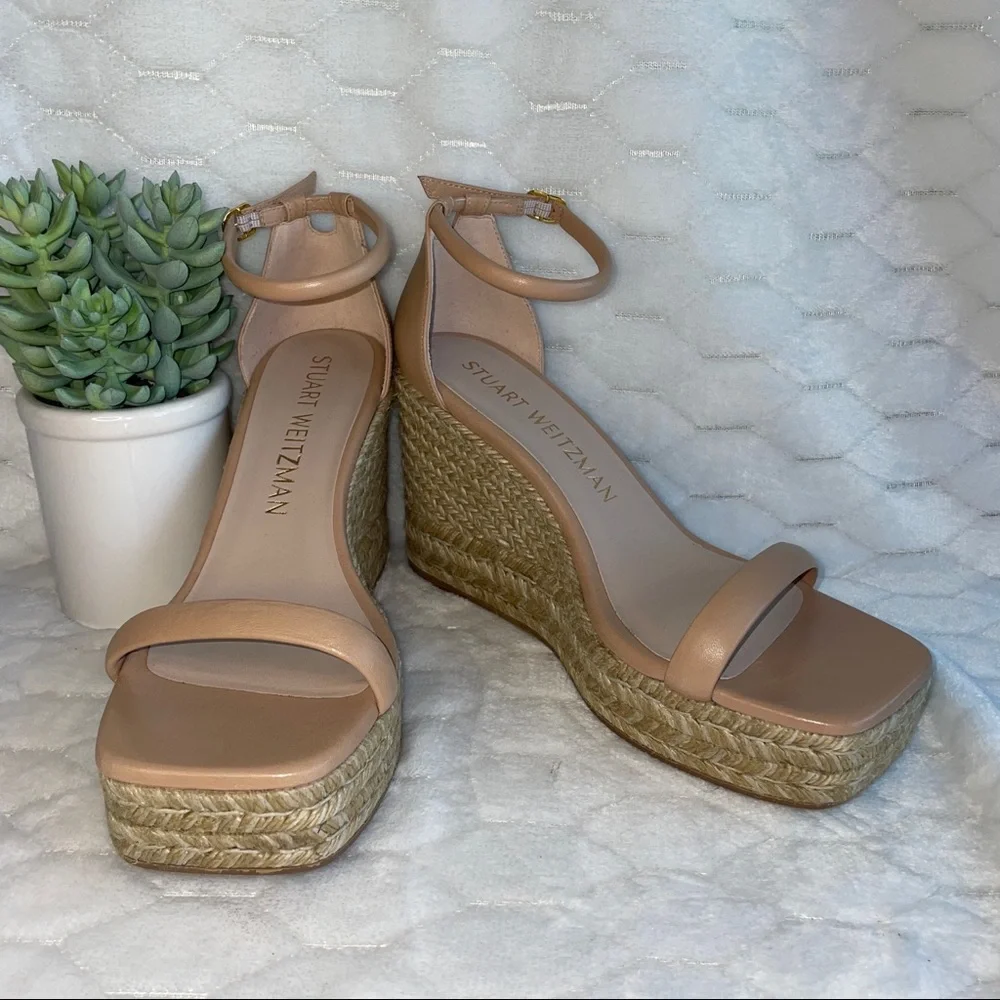 Stuart Weitzman Nude Tan Espadrille Wedge Sandals